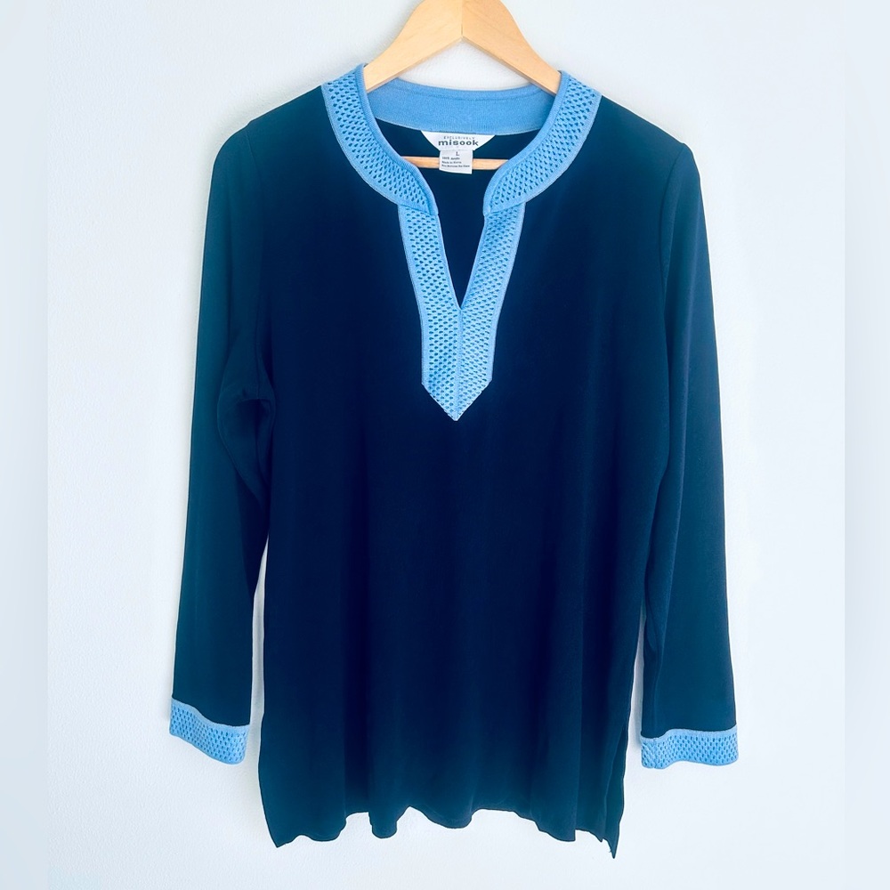 Misook Knit Navy Blue With Light Blue Trim Tunic Long Sleeve Top Size Large